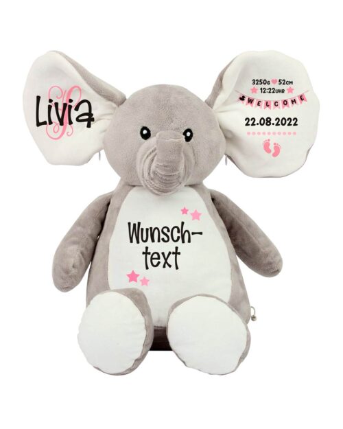 Stofftier Elefant mit Namen als Geschenk zur Geburt oder Taufe personalisiert mit Datum, Geburtsdaten und Wunschtext