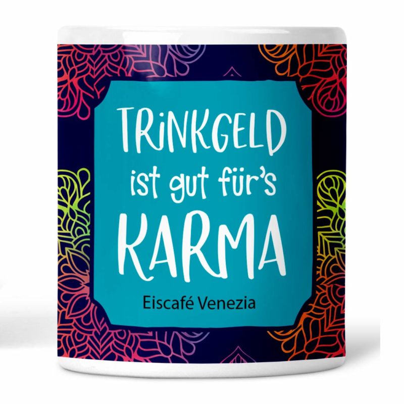 Trinkgeldkasse „Trinkgeld ist gut für’s Karma“ personalisiert mit
