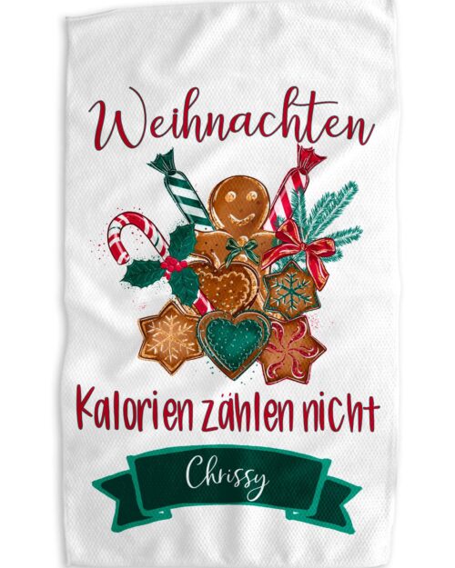 Geschirrtuch „Weihnachten - Kalorien zählen nicht“ personalisiert mit Name oder Wunschtext